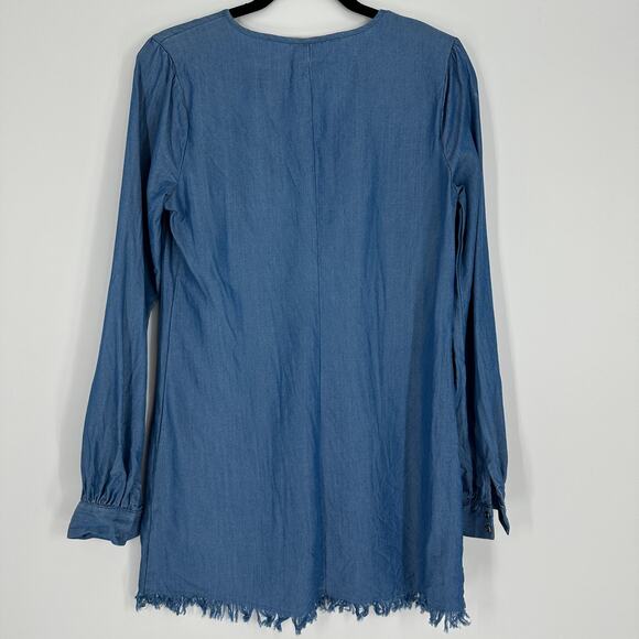 Lovers + Friends Denim Raw Hem Lace Up Dress Tencel Blue Womens Small - Picture 2 of 9